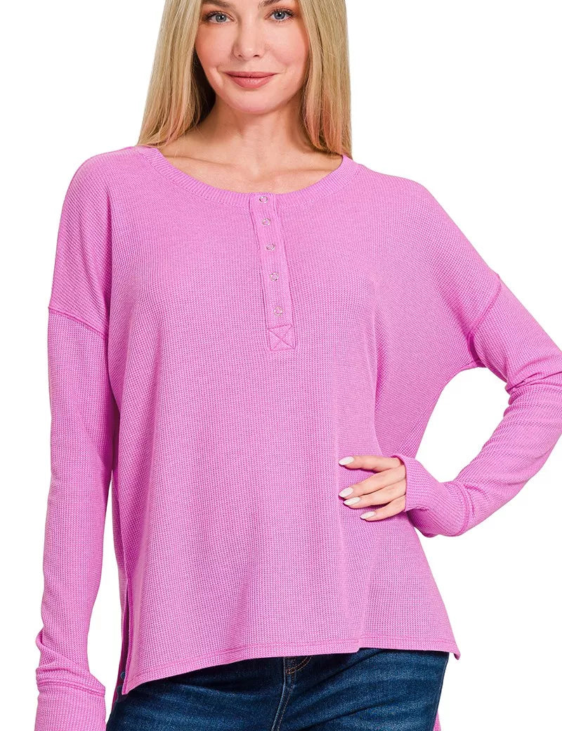 ZENANA Waffle Thumb Hole Cuffs Henley Tee on Simply Obsessed