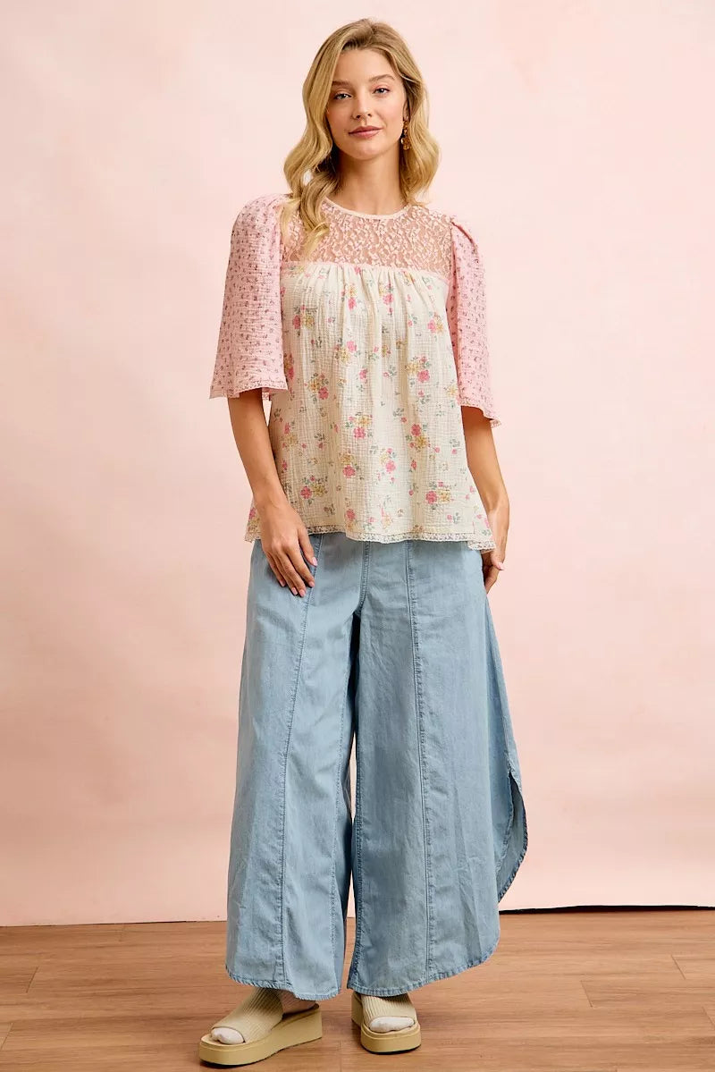 BIBI Crinkle Floral Gauze Mix And Matched Blouse Top on Simply Obsessed