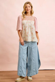 BIBI Crinkle Floral Gauze Mix And Matched Blouse Top on Simply Obsessed