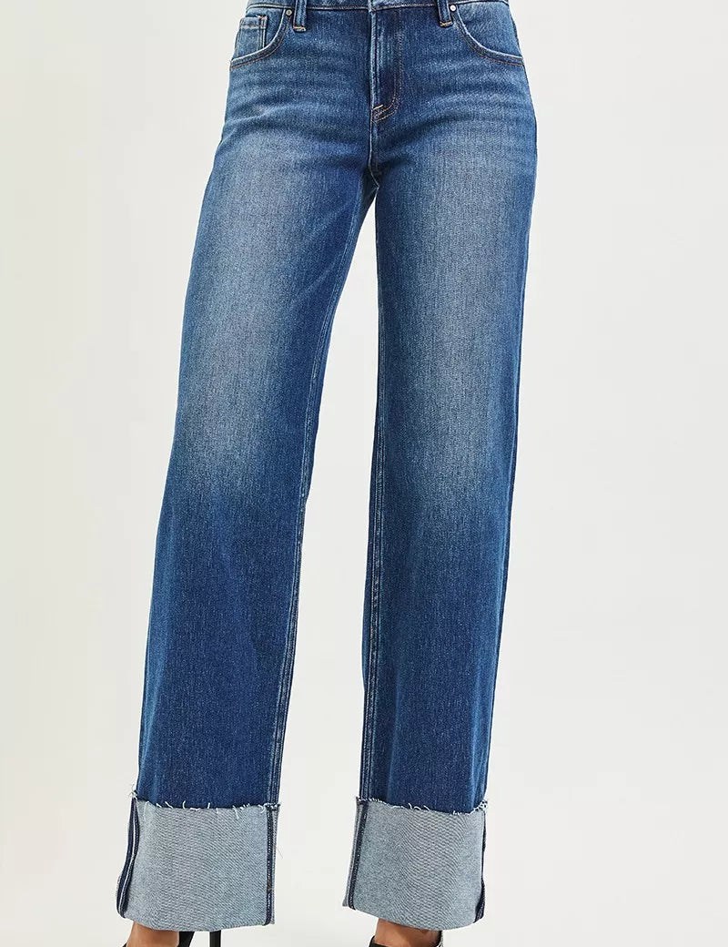 RISEN Mid Rise Wide Straight Jeans With Wide Cuff on Simply Obsessed