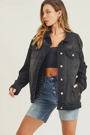 RISEN Full Size Distressed Long Sleeve Denim Jacket on Simply Obsessed