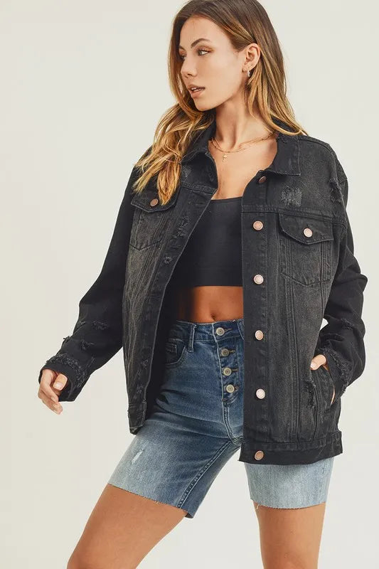 RISEN Full Size Distressed Long Sleeve Denim Jacket on Simply Obsessed