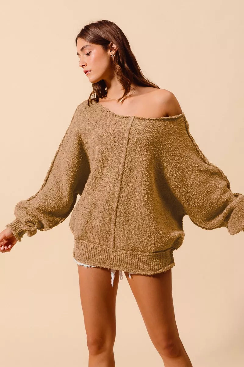 SO ME Loose Fit Exposed Seam Slouchy Boucle Sweater on Simply Obsessed