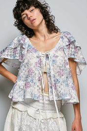POL Lace Detail Floral Tie Front Ruffle Short Sleeve Blouse on Simply Obsessed