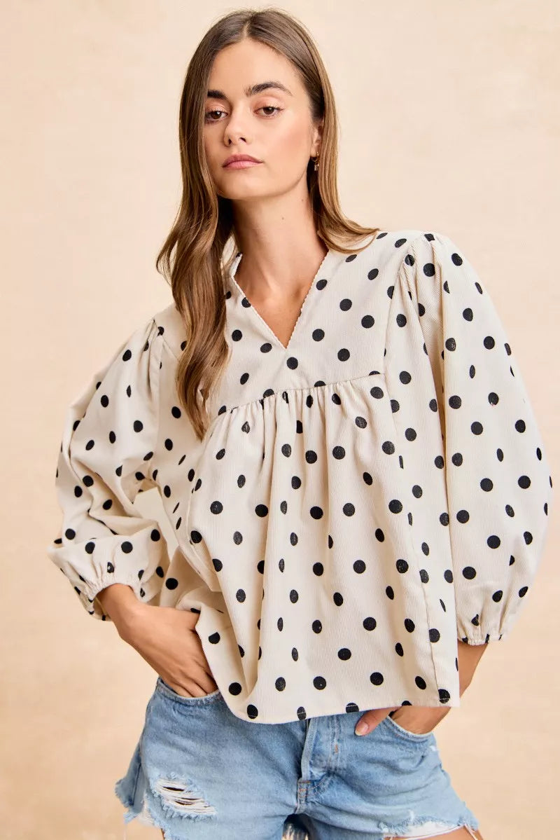 BIBI Polka Dot Corduroy Quarter Sleeves V Neck Blouse on Simply Obsessed