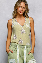 POL Floral Print Star Patch V-Neck Ribbed Tank on Simply Obsessed