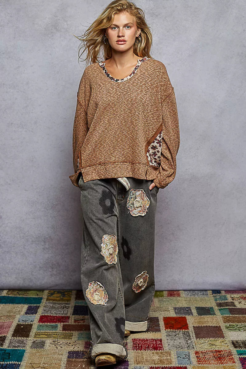 POL Balloon Sleeve Oversized Ribbed Top with Floral Pattern Contrast on Simply Obsessed