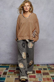 POL Balloon Sleeve Oversized Ribbed Top with Floral Pattern Contrast on Simply Obsessed