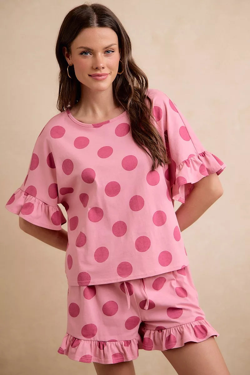 BIBI Polka Dots Printed Ruffled Detail Top And Shorts Set **DOORBUSTER** on Simply Obsessed
