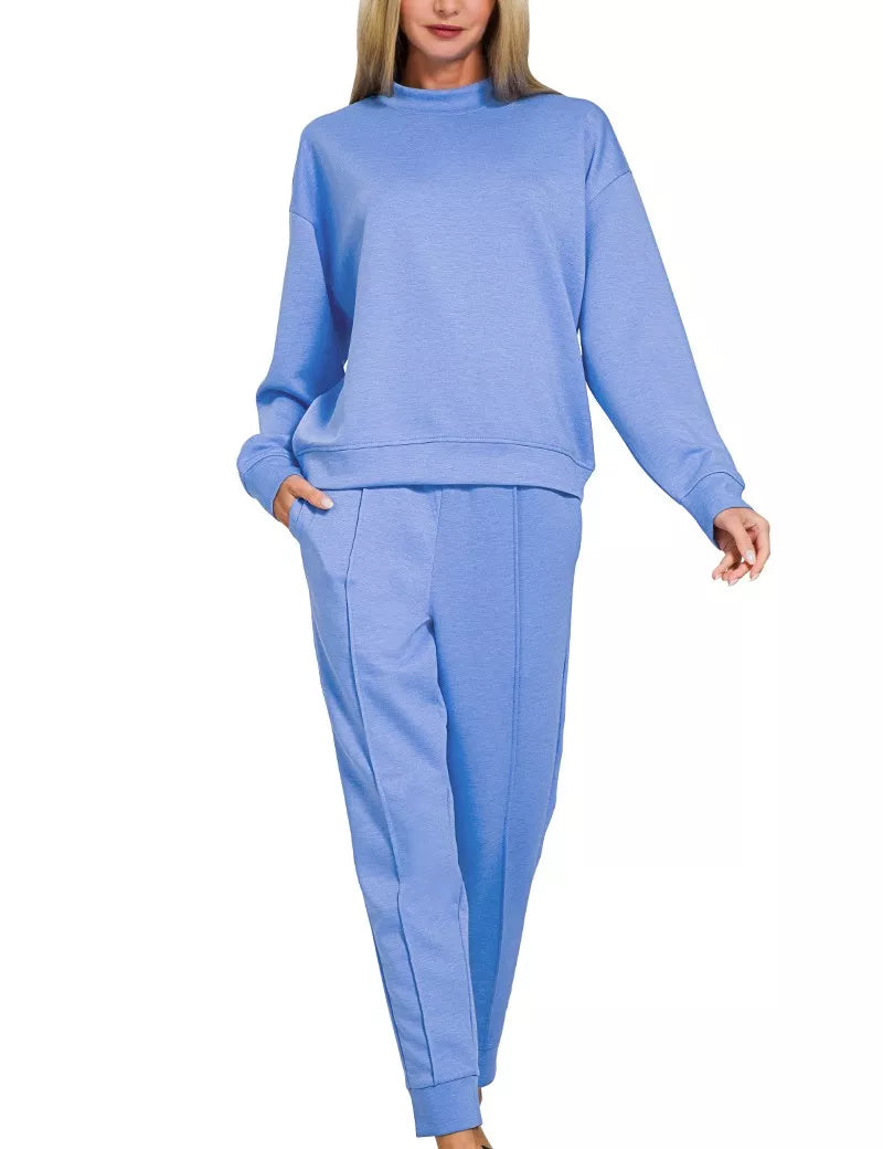 Zenana Scuba Mock Neck Sweatshirt and Joggers Set on Simply Obsessed