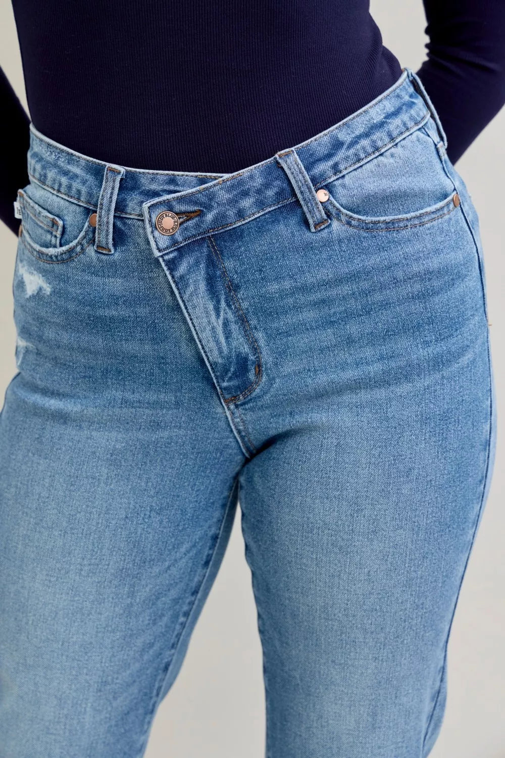 Judy Blue High Waist Bf Criss-cross Mild Destroy Jeans with Single Cuff on Simply Obsessed