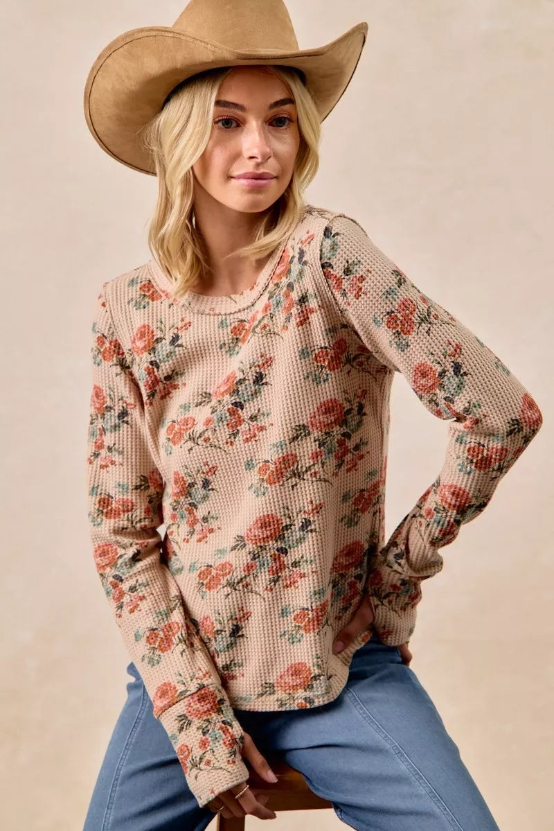 BIBI Floral Print Washed Waffle Thermal Top with Thumb on Simply Obsessed
