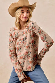 BIBI Floral Print Washed Waffle Thermal Top with Thumb on Simply Obsessed