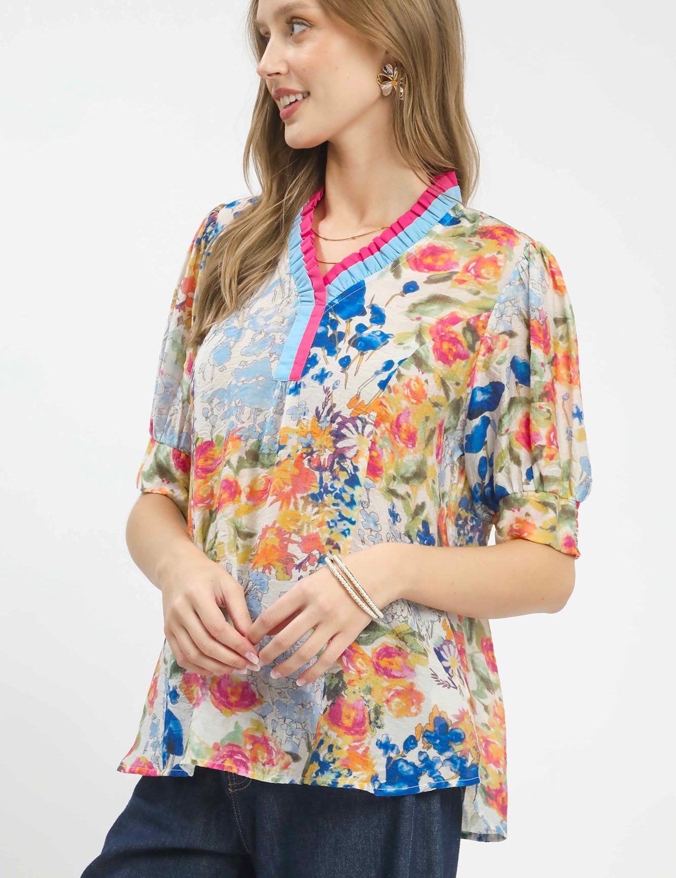 UMGEE Floral Contrast Pleat Neck Top **DEBUT SALE** on Simply Obsessed