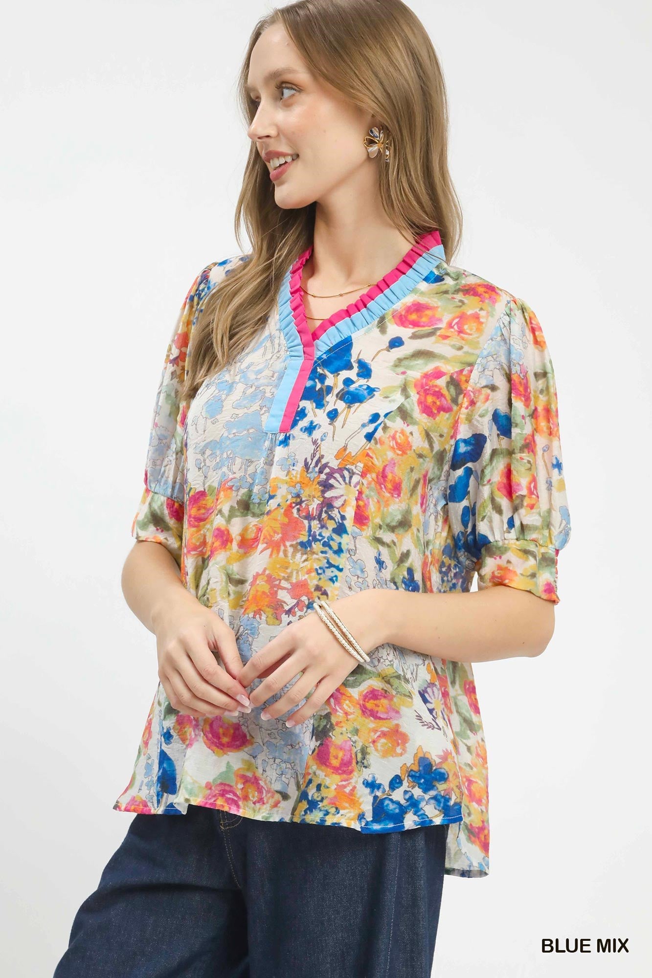 UMGEE Floral Contrast Pleat Neck Top **DEBUT SALE** on Simply Obsessed