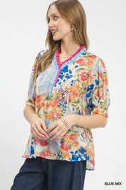 UMGEE Floral Contrast Pleat Neck Top **DEBUT SALE** on Simply Obsessed