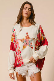BIBI Floral Print Mixed Star Patch Round Neck Sweatshirt on Simply Obsessed