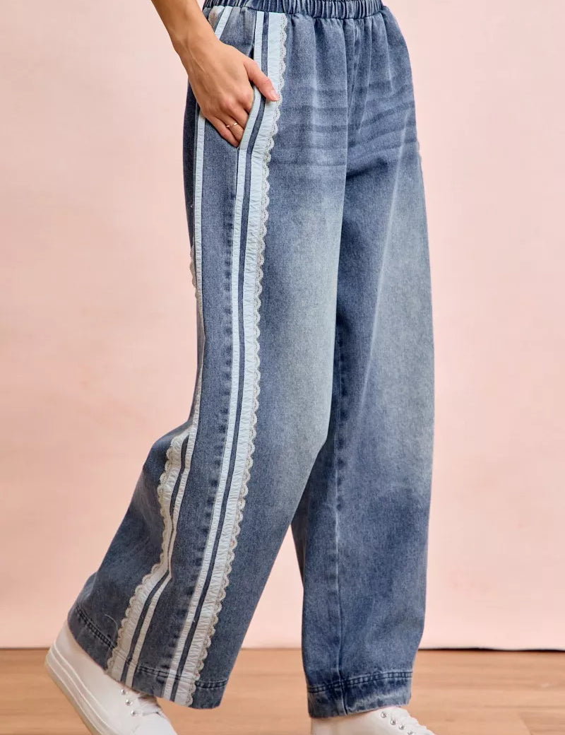 BIBI Washed Lace Contrast Sided Jeans on Simply Obsessed