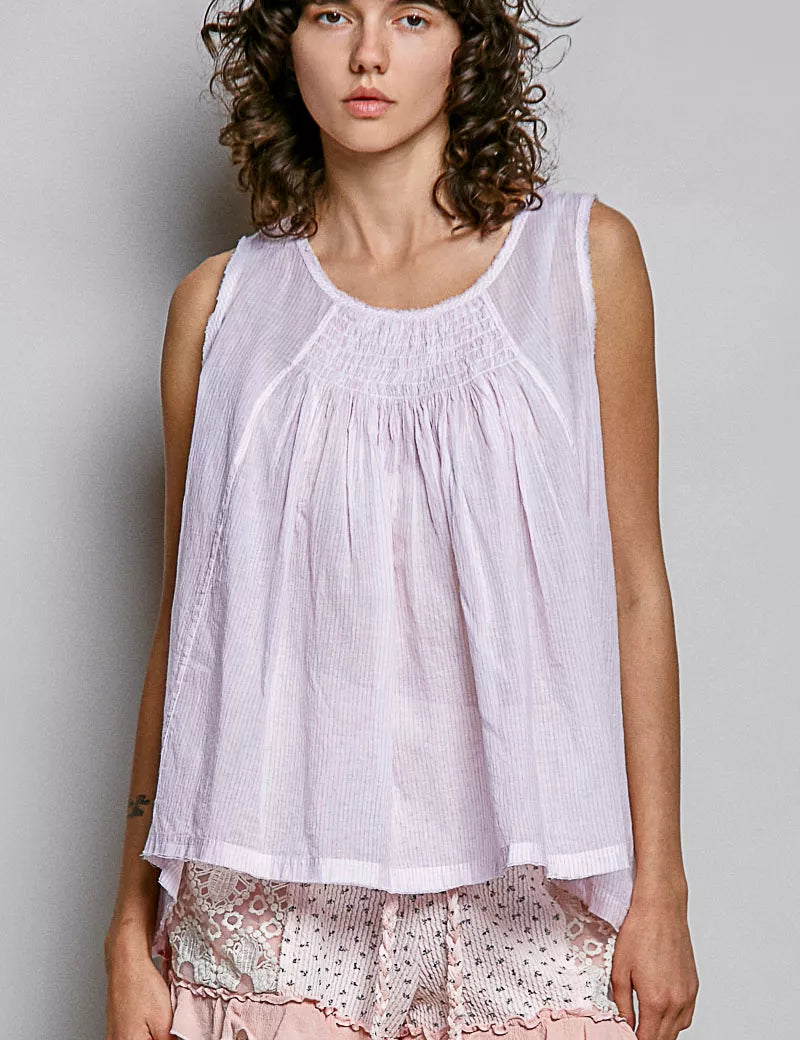 POL Round Neck Sleeveless Striped Pleated Cotton Top on Simply Obsessed