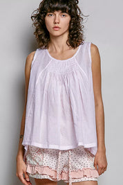 POL Round Neck Sleeveless Striped Pleated Cotton Top on Simply Obsessed