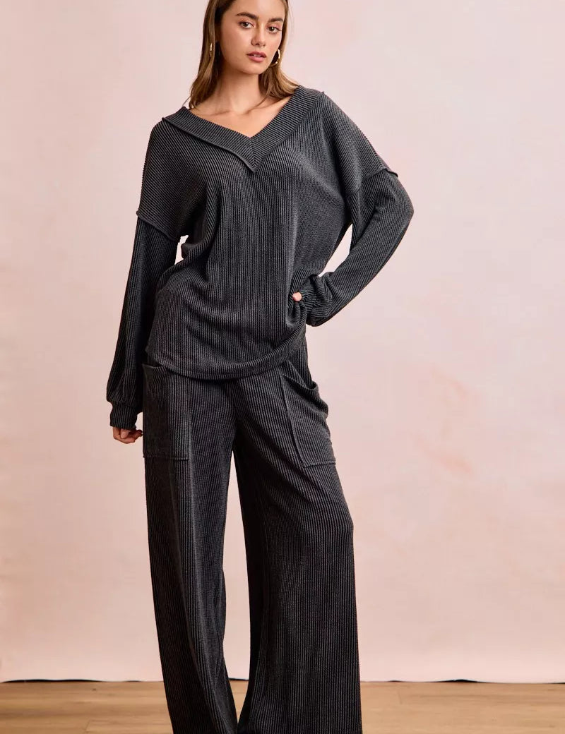 BIBI Two Tone Cord Rib Contrast Stitching V-Neck Top and Pants Set on Simply Obsessed