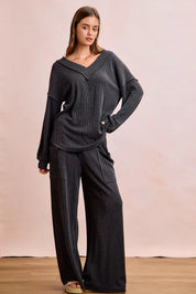 BIBI Two Tone Cord Rib Contrast Stitching V-Neck Top and Pants Set on Simply Obsessed