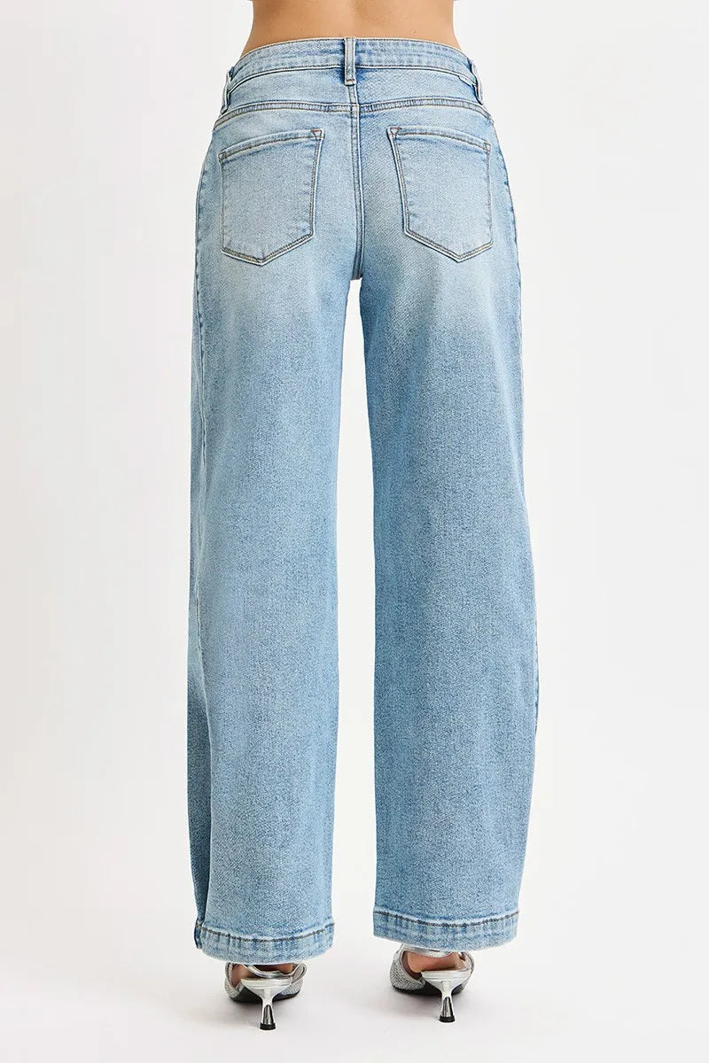 RISEN Mid Rise Wide Barrel Transferable Leg Snap Jeans on Simply Obsessed