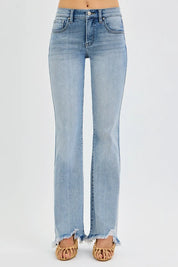 RISEN Full Size Tummy Control Mid Rise Flare Jeans with Fray Hem Detailed Plus Size on Simply Obsessed
