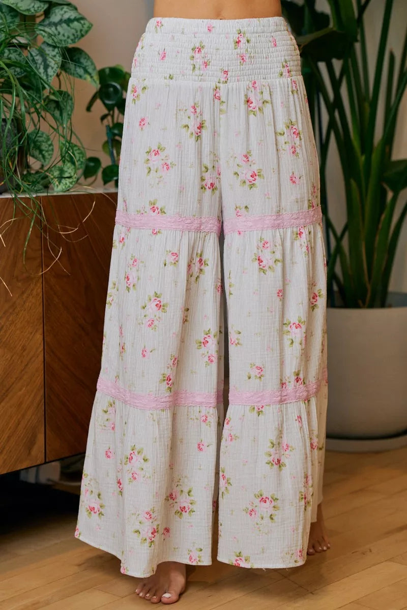 BIBI Rose Printed Gauze Trim Detail Smocked Maxi Pants on Simply Obsessed