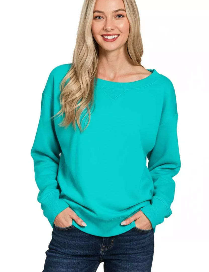 Zenana Fleece Boat Neck Sweatshirt on Simply Obsessed