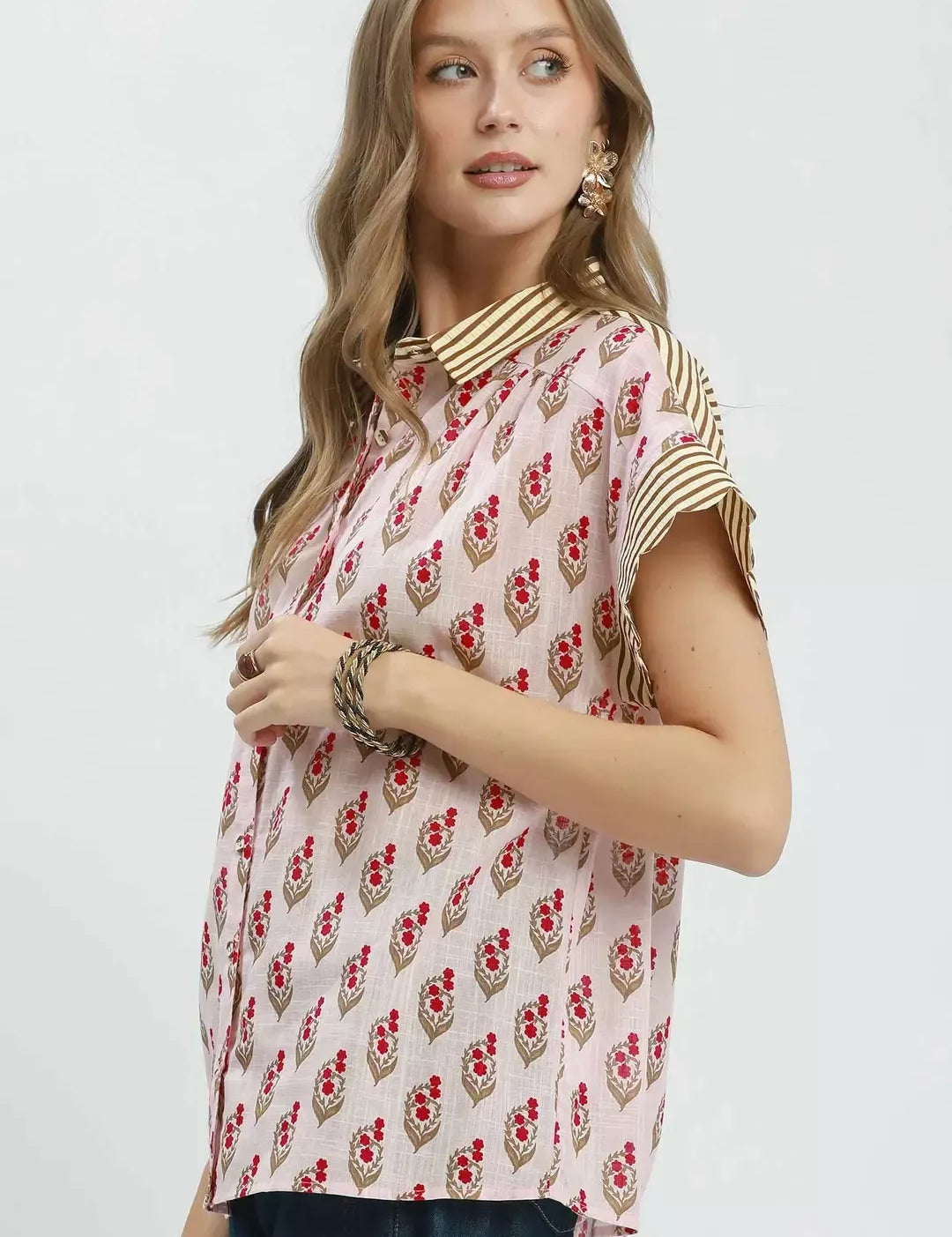 UMGEE Block Print Button-Front Shirt with Contrast Stripe Point Collar on Simply Obsessed