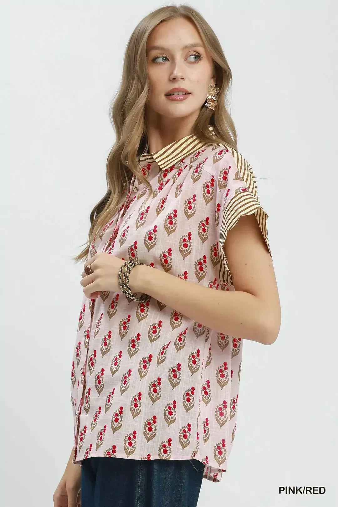 UMGEE Block Print Button-Front Shirt with Contrast Stripe Point Collar on Simply Obsessed