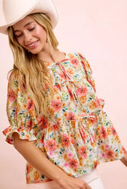 BIBI Flower Printed Shirring Detail Blouse Top on Simply Obsessed