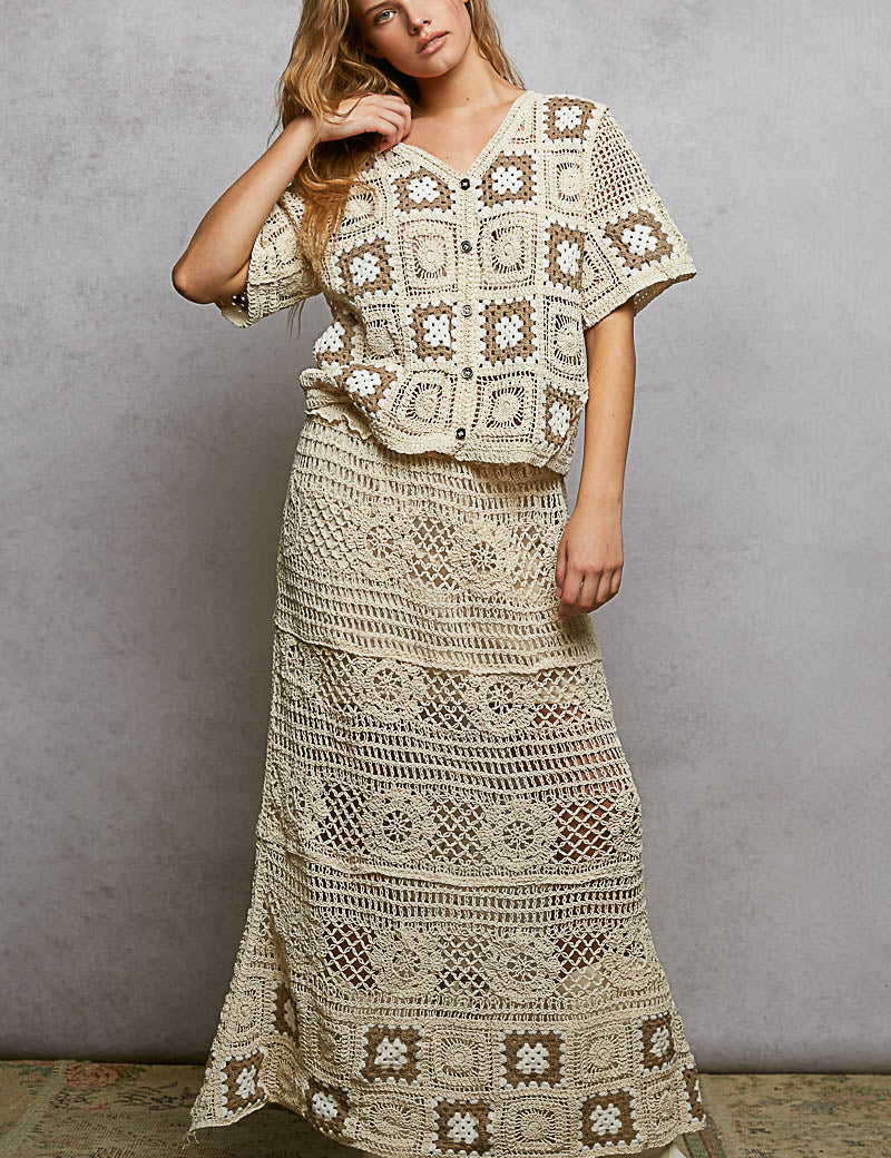 POL Floral Crochet Ruffled Waistband Maxi Skirt with Granny Square Weave on Simply Obsessed