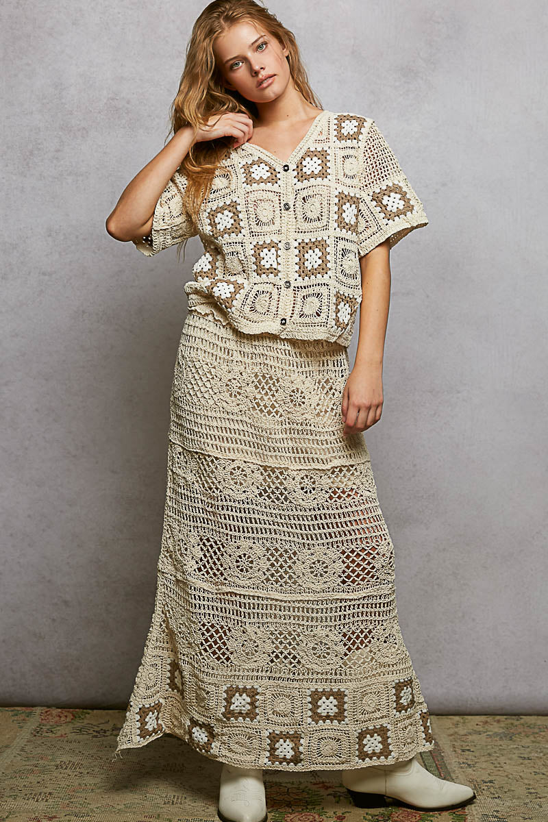 POL Floral Crochet Ruffled Waistband Maxi Skirt with Granny Square Weave on Simply Obsessed