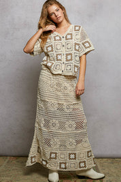 POL Floral Crochet Ruffled Waistband Maxi Skirt with Granny Square Weave on Simply Obsessed