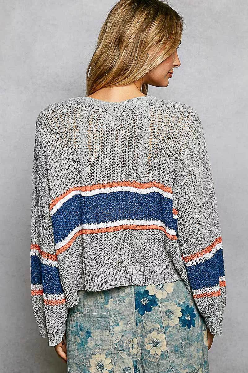 POL V-Neck Striped Pattern Cropped Knit Top with Cable Knit Detail on Simply Obsessed