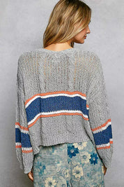 POL V-Neck Striped Pattern Cropped Knit Top with Cable Knit Detail on Simply Obsessed