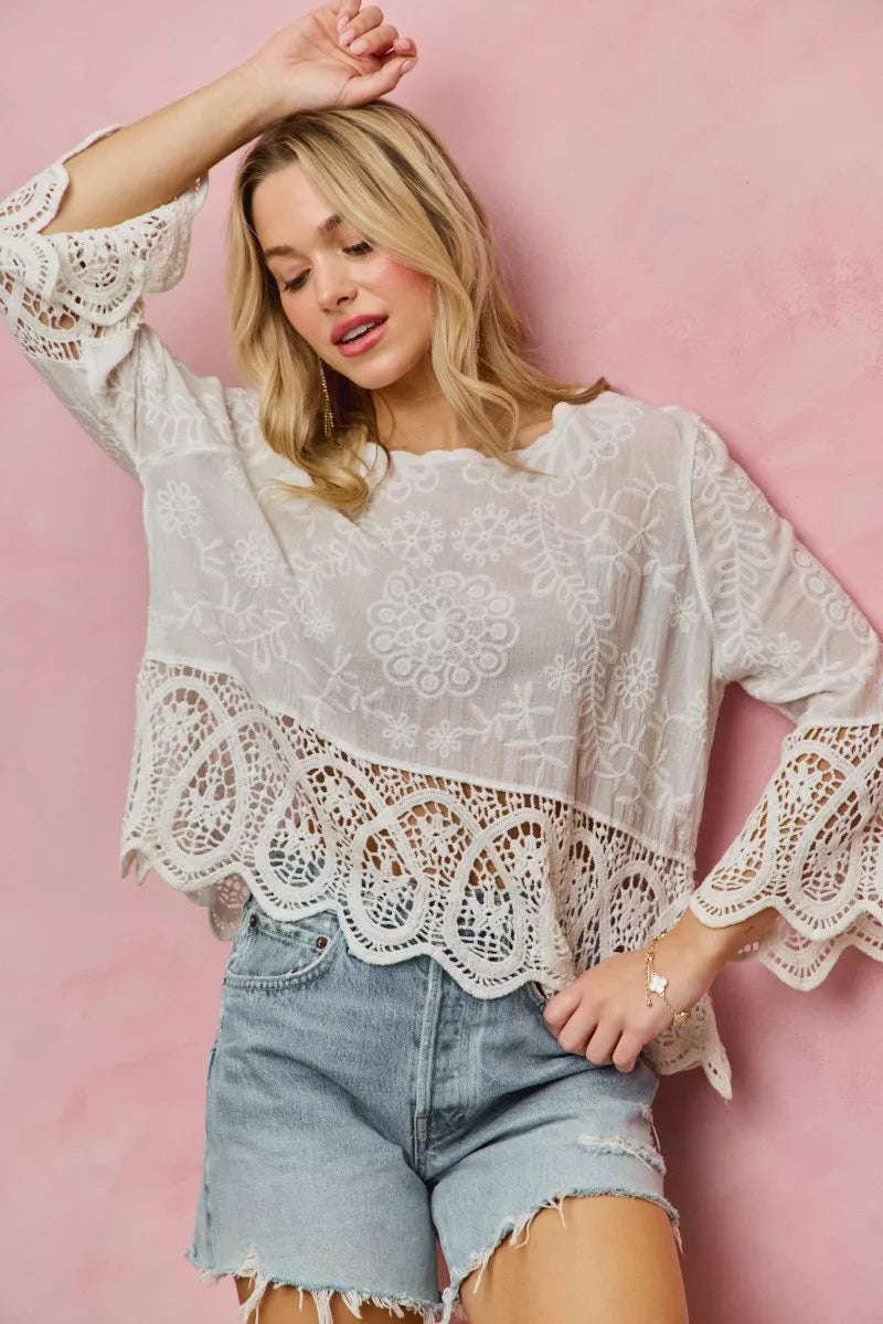 SO ME Floral Embroidered Crochet Lace Trimmed Top **DOORBUSTER** on Simply Obsessed