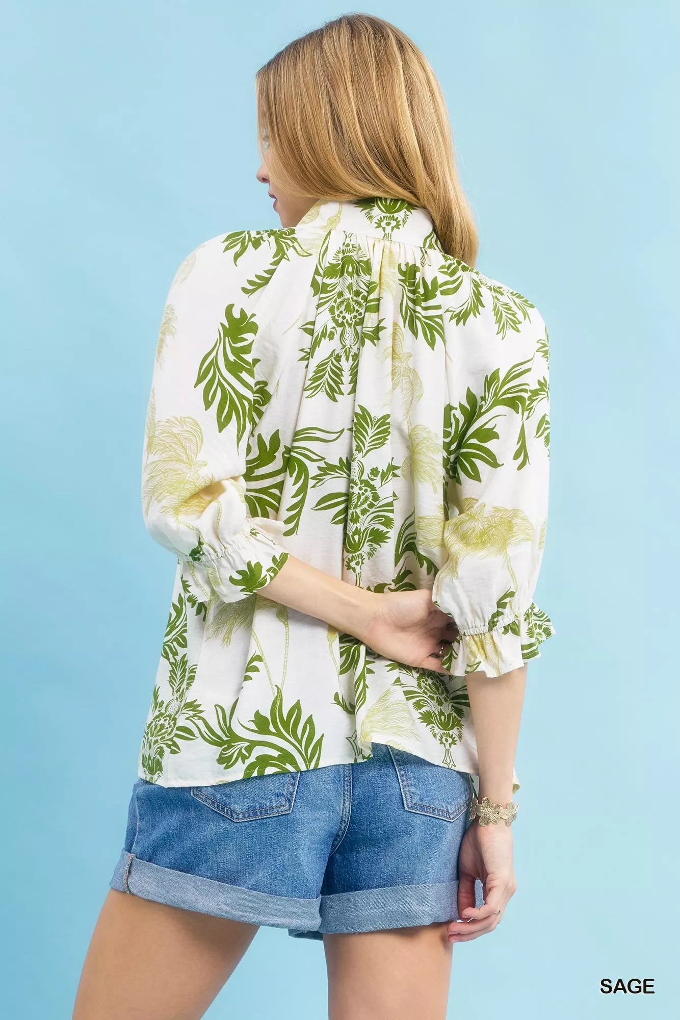 UMGEE Leafy Damask Print Blouse with Contrast Scalloped Trim Detail on Simply Obsessed