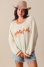 SO ME Thanksgiving Grateful Lettering Stitch Sweater on Simply Obsessed