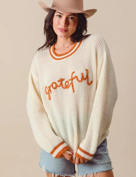 SO ME Thanksgiving Grateful Lettering Stitch Sweater on Simply Obsessed