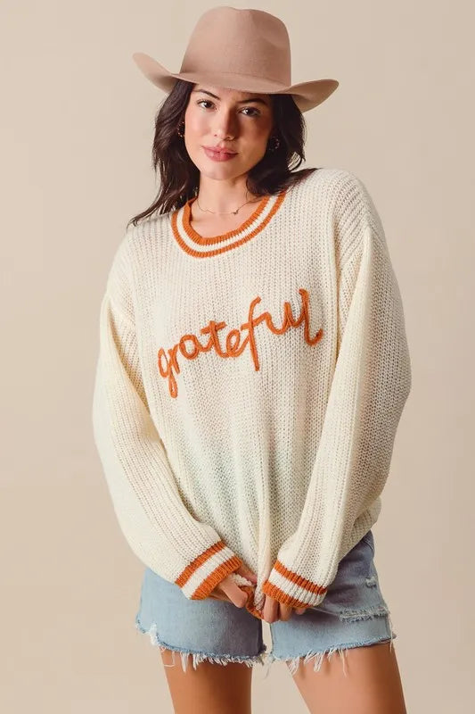 SO ME Thanksgiving Grateful Lettering Stitch Sweater on Simply Obsessed