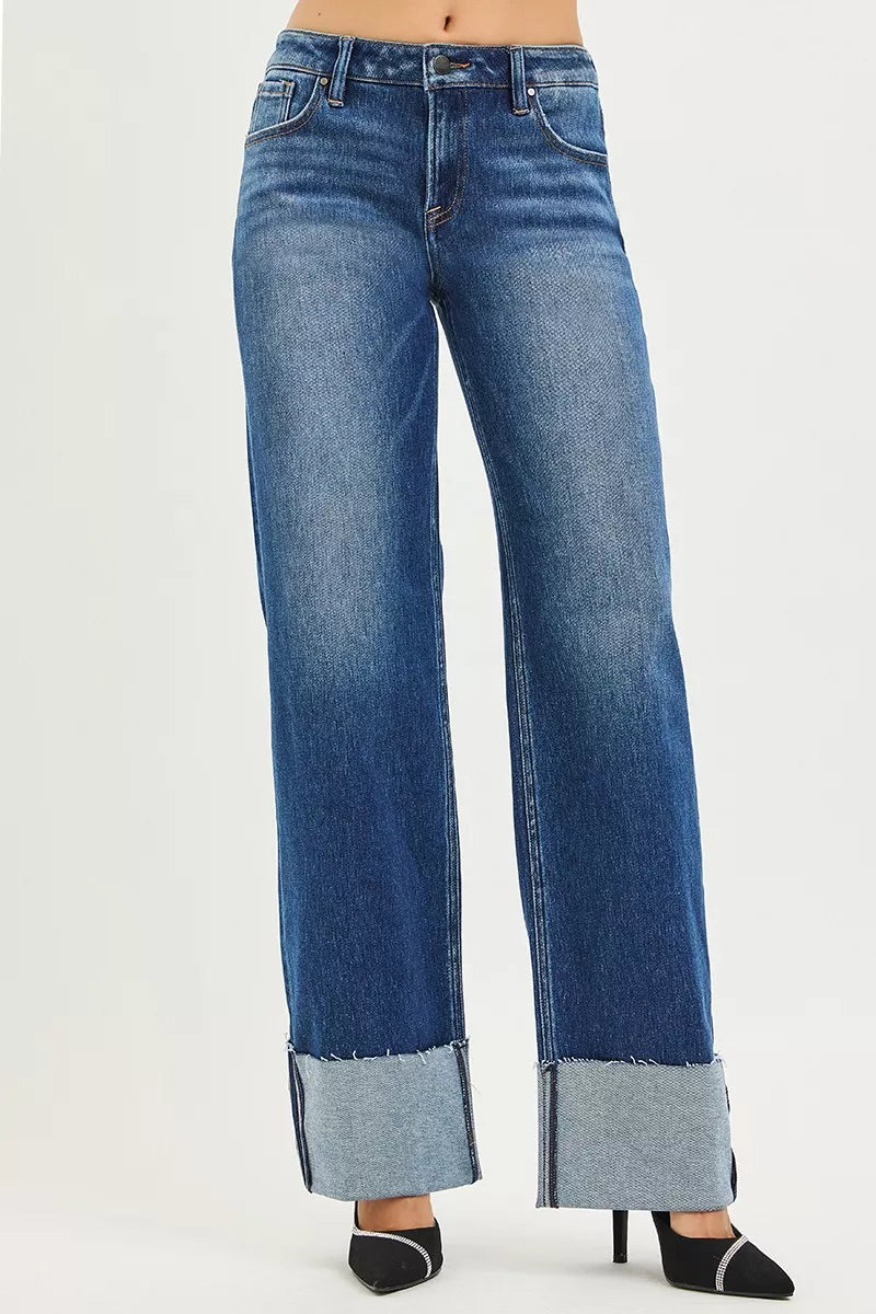 RISEN Mid Rise Wide Straight Jeans With Wide Cuff on Simply Obsessed