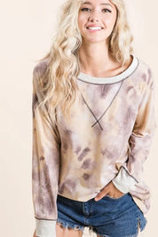 BiBi Tie Dye Terry Pull Over With Contrast Stitching on Simply Obsessed