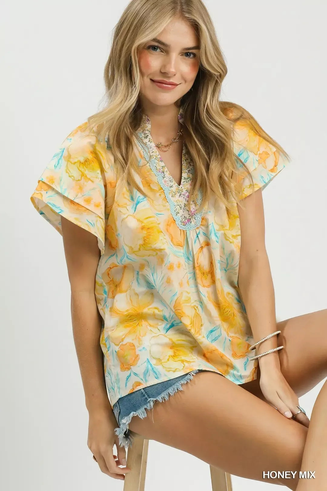 UMGEE Mix Floral Print Blouse with Crochet Lace Trim **DEBUT SALE** on Simply Obsessed