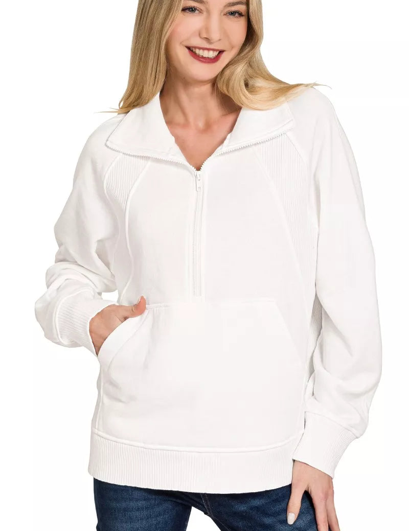 Zenana Half Zip Fleece Sweatshirt with kangaroo Pocket on Simply Obsessed