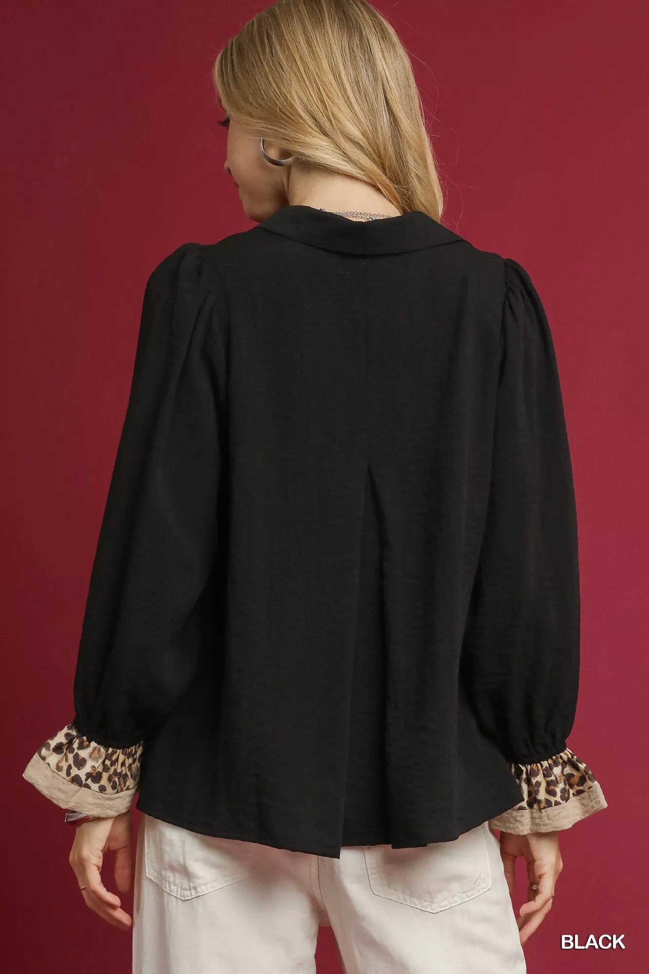 Umgee Half Button Blouse with Leopard Print Trim on Simply Obsessed