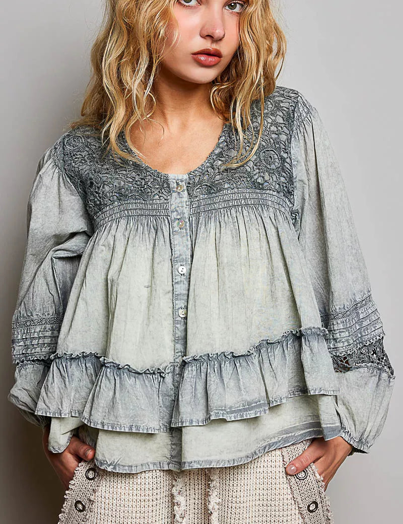 POL Washed Layered Lace Pintuck Flared Woven Blouse on Simply Obsessed
