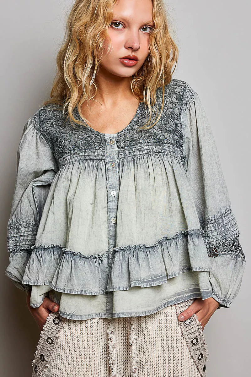 POL Washed Layered Lace Pintuck Flared Woven Blouse on Simply Obsessed